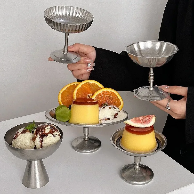 Vintage Stainless Steel Dessert Cup Frosted Goblet Retro High Base Bowl for Fruit Yogurt Palace-style Ice-cream Cup Photo Prop