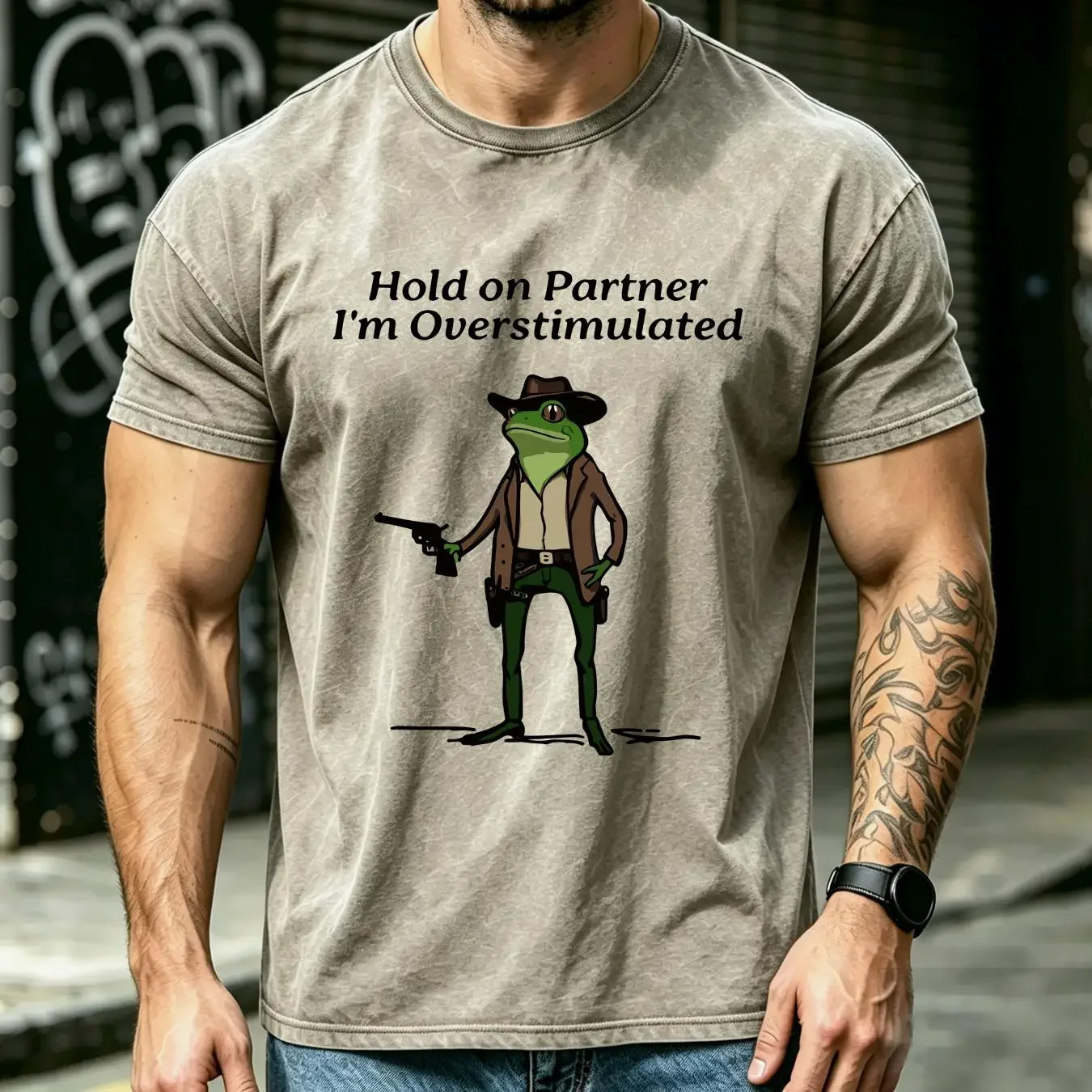 washed T Shirt Hold On Partner Im Overstimulated Men Cowboy Frog Unhinged Weirdcore Clothing Gen Z Funny vintage Washed Unisex