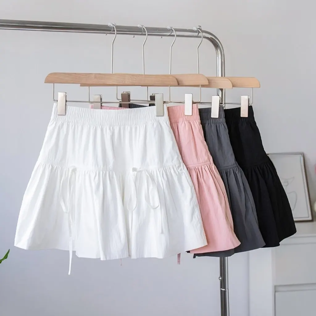 

Women's High Waist Puff Skirt Summer New Korean Style Dongdaemun A-Line Skirt with Bow Detailing