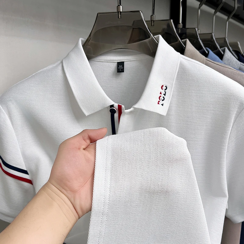 100% Baumwolle Herren Kurzarm-Poloshirt mit Kragen, Knöpfen und Buchstaben-Stickerei, Neues Sommer-Poloshirt, Lässige Mode, Atmungsaktive Herrenbekleidung – Detail 9