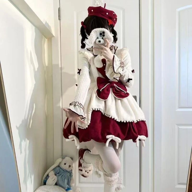 الكورية موضة لوليتا 2 قطعة مجموعات النساء الحلو الكشكشة بيتر بان طوق القمم القوس أفخم حزام فساتين اليابانية Kawaii Y2k وتتسابق #6