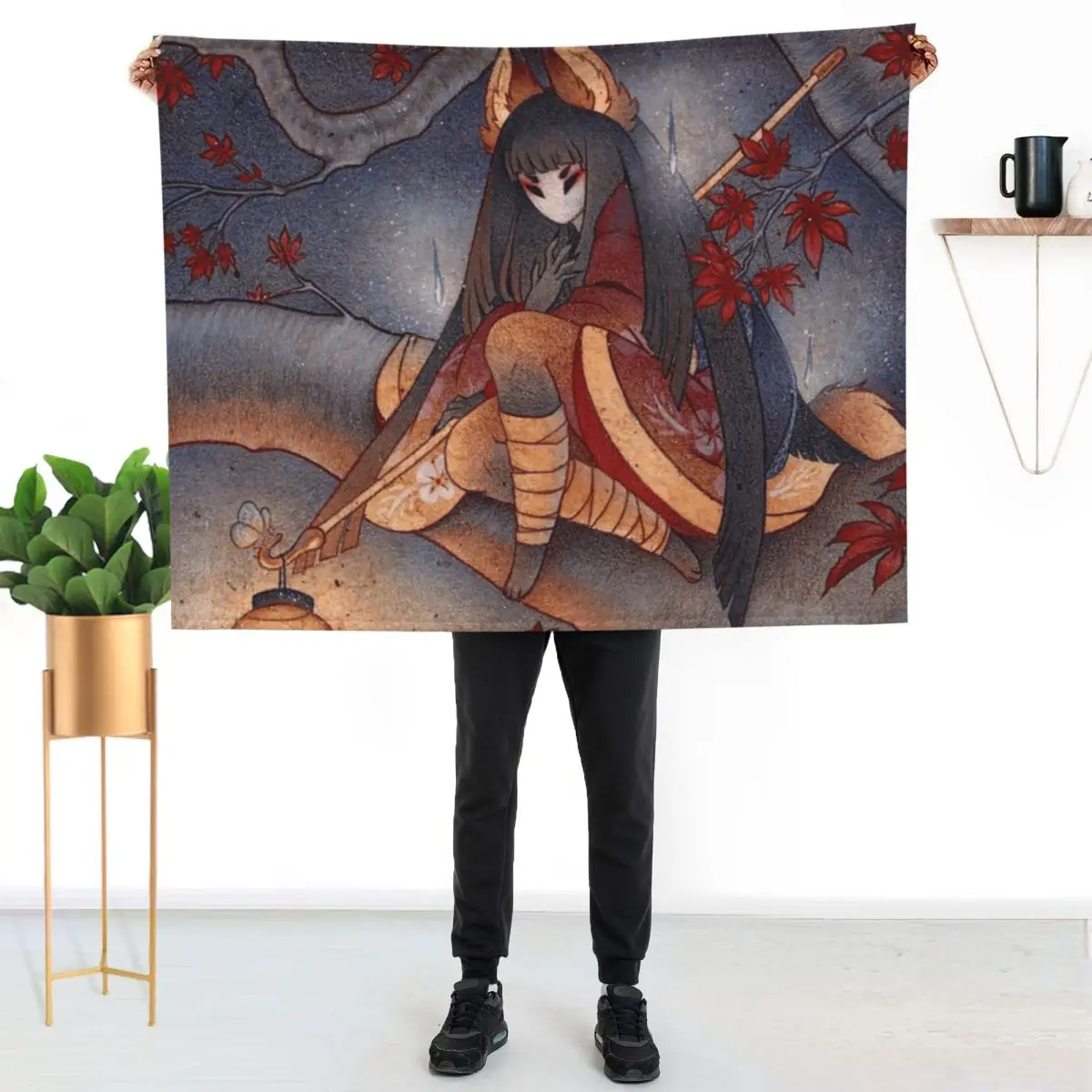 

Japanese Maple Kitsune with Lantern Throw Blanket Cozy Throw Blanket for Bed Sofa Chair