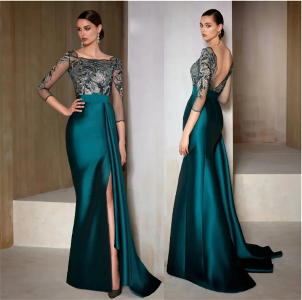 Exquisite Appliqued Mother Of The Bride Dresses Mermaid Backless Wedding Guest Dress Side Split Sweep Train Satin  فساتين سهرات