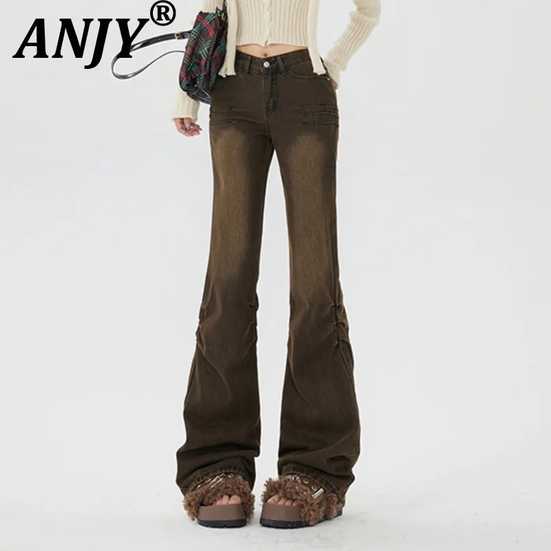 

ANJY Autumn Winter New Women American Vintage Washed Bootcut Jeans Tide Pleats Office Lady Slimming Versatile Denim Pants A11688