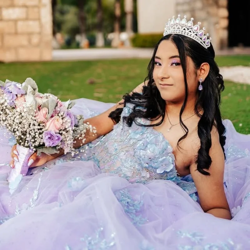 

lavender purple Quinceanera Dress off-shoulder flower decal Long tail Bow vestidos de 15 Quinceanera ﻿Customize