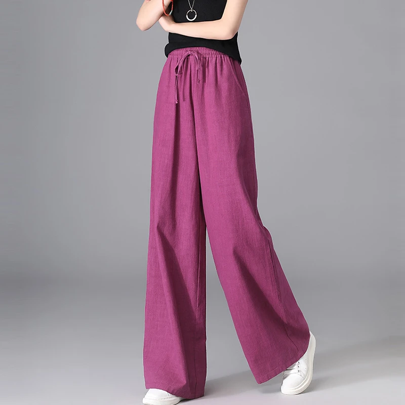 Hoge Taille Katoen Linnen Wijde Pijpen Broek Vrouwen Nieuwe Collectie 2025, Lente Vintage Stijl Effen Kleur Vrouwelijke Casual Broek M1463