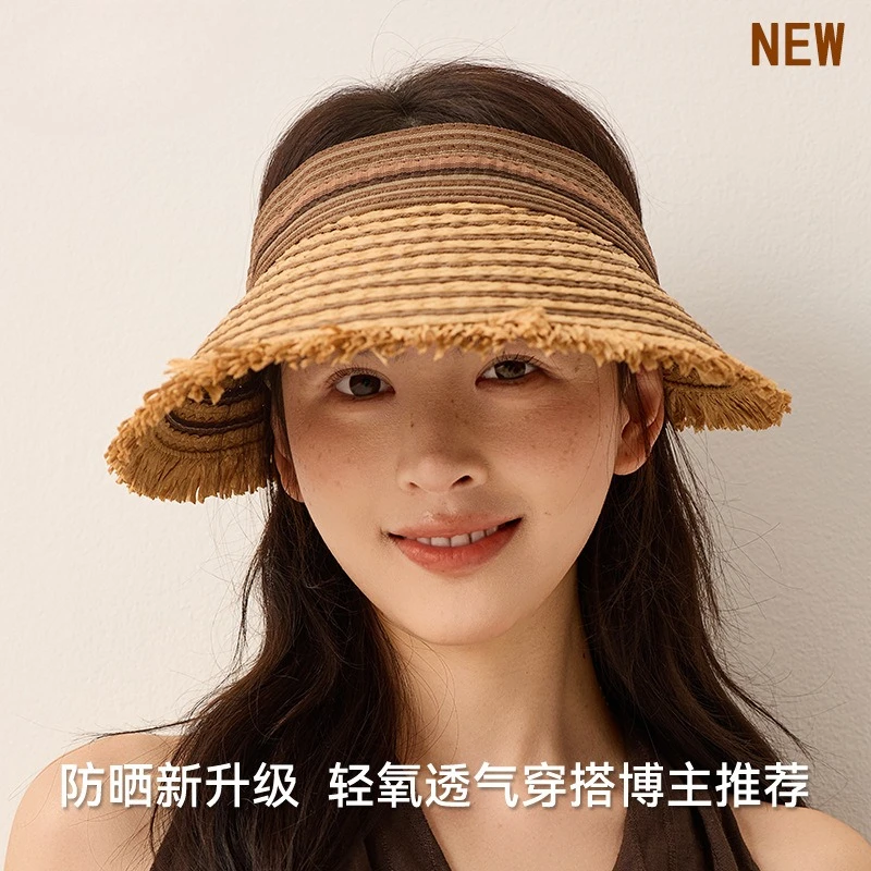 2Pcs Women Raffia Visor Hat Foldable Fringe Large Brim Straw Hat UV Protection Travel Sun Hat