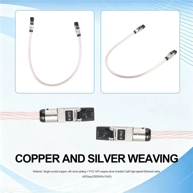 [NEW!A25P】 Hifi Copper Silver Braided Cat8 40Gbps 2000Mhz High-Speed Ethernet Audio Network Patch Cable RJ45
