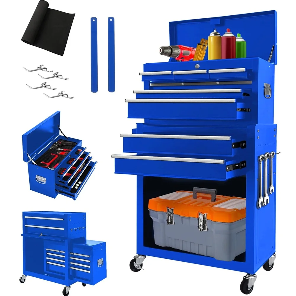 2 in 1 Rolling Tool Chest Cabinet with Locking System 8 Drawers Durable Steel Tool Storage Garage Organization Portable Tool Box