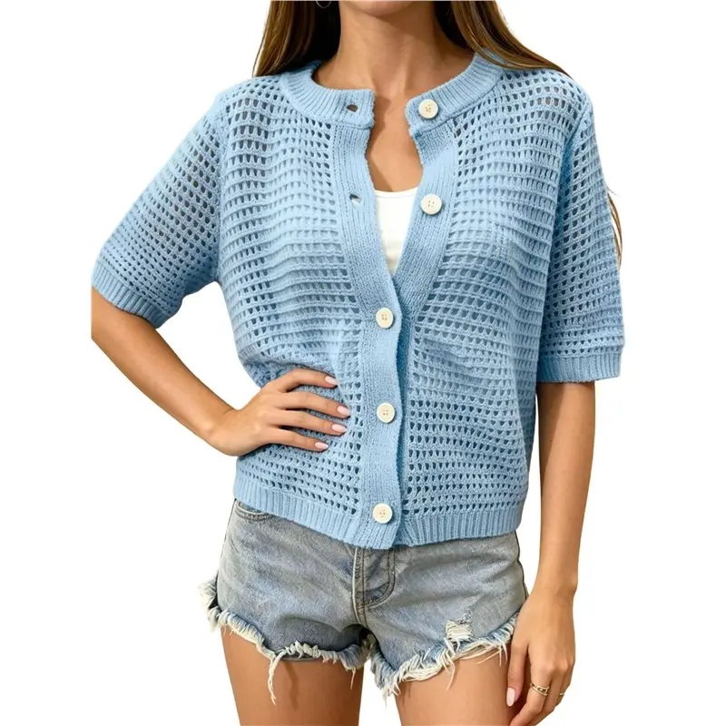 

CYL-Women's Short Sleeve Openwork Crochet Button Front Knit Cardigan