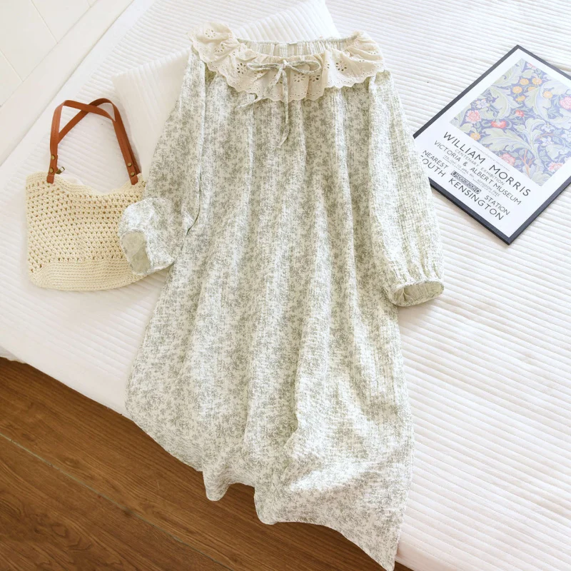 Floral Print Nightgown for Women, 1-Piece Cotton Double Gauze Long Sleeve Midi Dress, Cute & Breathable, Spring Summer Home Loun