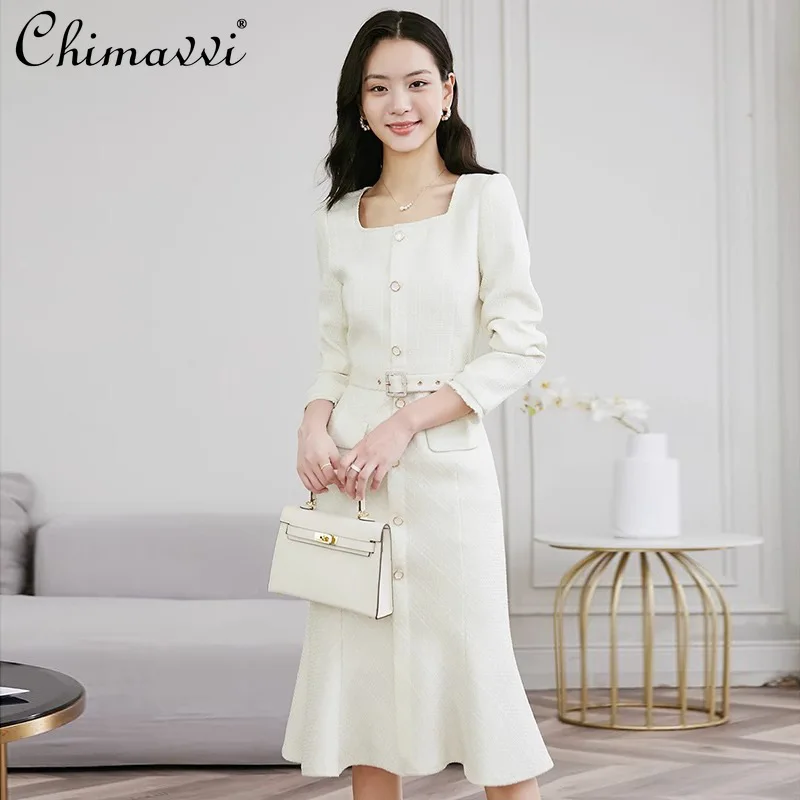 

French Elegant Temperament Commuter Fishtail Dress Square Neck Long Sleeve Single Breasted High Waist Belt Slim Long Dress Women