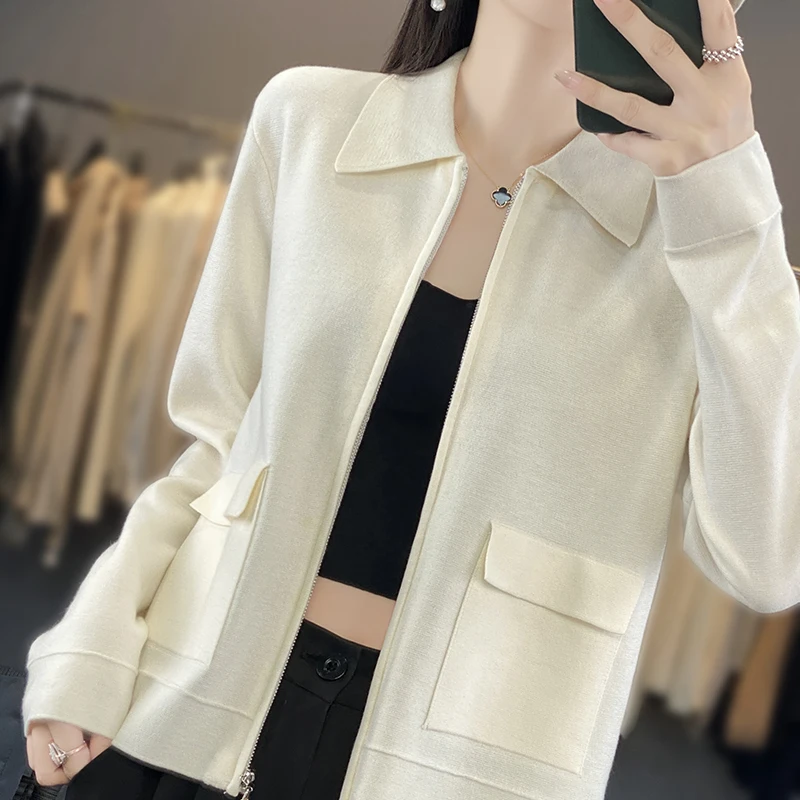 Women\'s cardigan autumn/winter new casual knitwear 100% pure wool POLO collar coat loose short Tops Japanese/Korean style Blouse