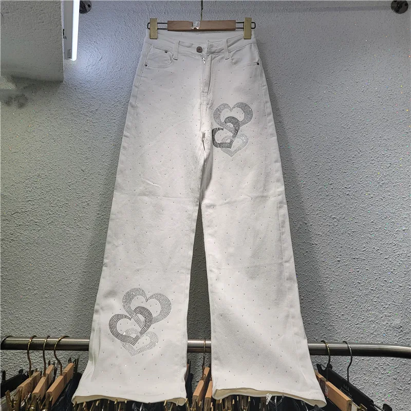 Heavy Industry Love Hot Diamond Jeans Women's 2024 Fall New Fashion Skinny Straight Floor Mopping Long Pants White Jeans