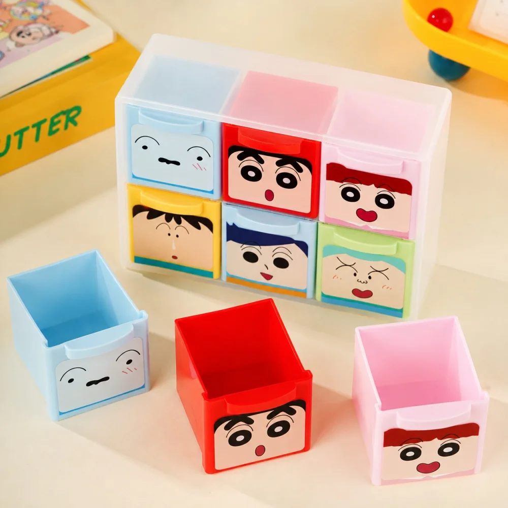 Genuine Crayon Shin-chan 6 Grid Desk Organizer Box Cute Plastic Drawer Storage Case for Stationery Makeup Sundries Home Office