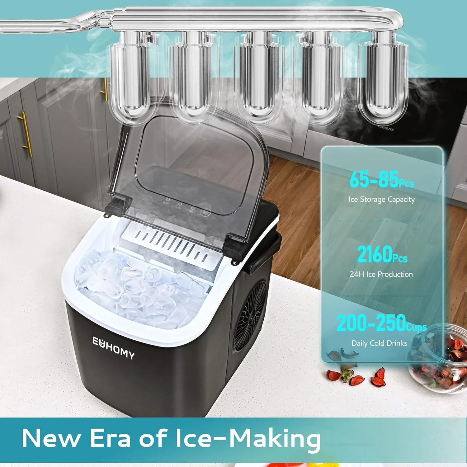 Fast and Efficient Countertop Ice Maker Machine with Handle, Producing 26lbs of Ice in 24 Hours, 9 Ice Cubes Ready in Just 6 Min