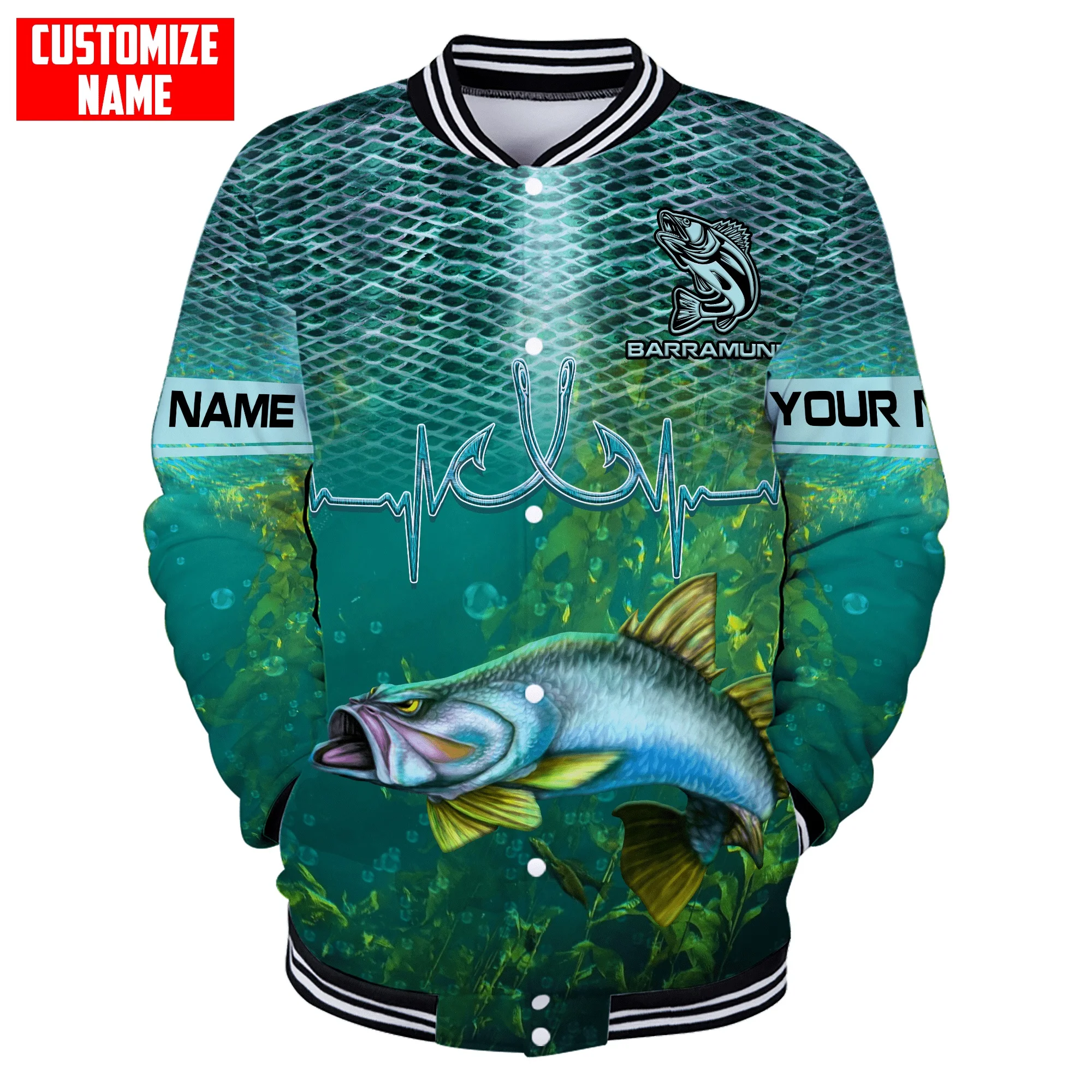 Blue Marlin Fishing Custom Name 3D Printed Fashion Men's Bomber Full-Snap Jacket Unisex Casual Winter Warm Baseball Jacket FX20