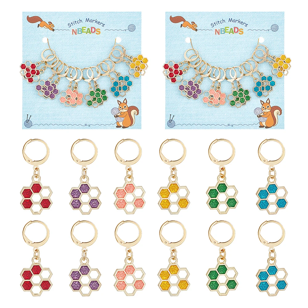 

24PCS Alloy Enamel Honeycomb Pendant Stitch Markers Crochet Leverback Hoop Charms Locking Stitch Marker with Wine Glass Charm