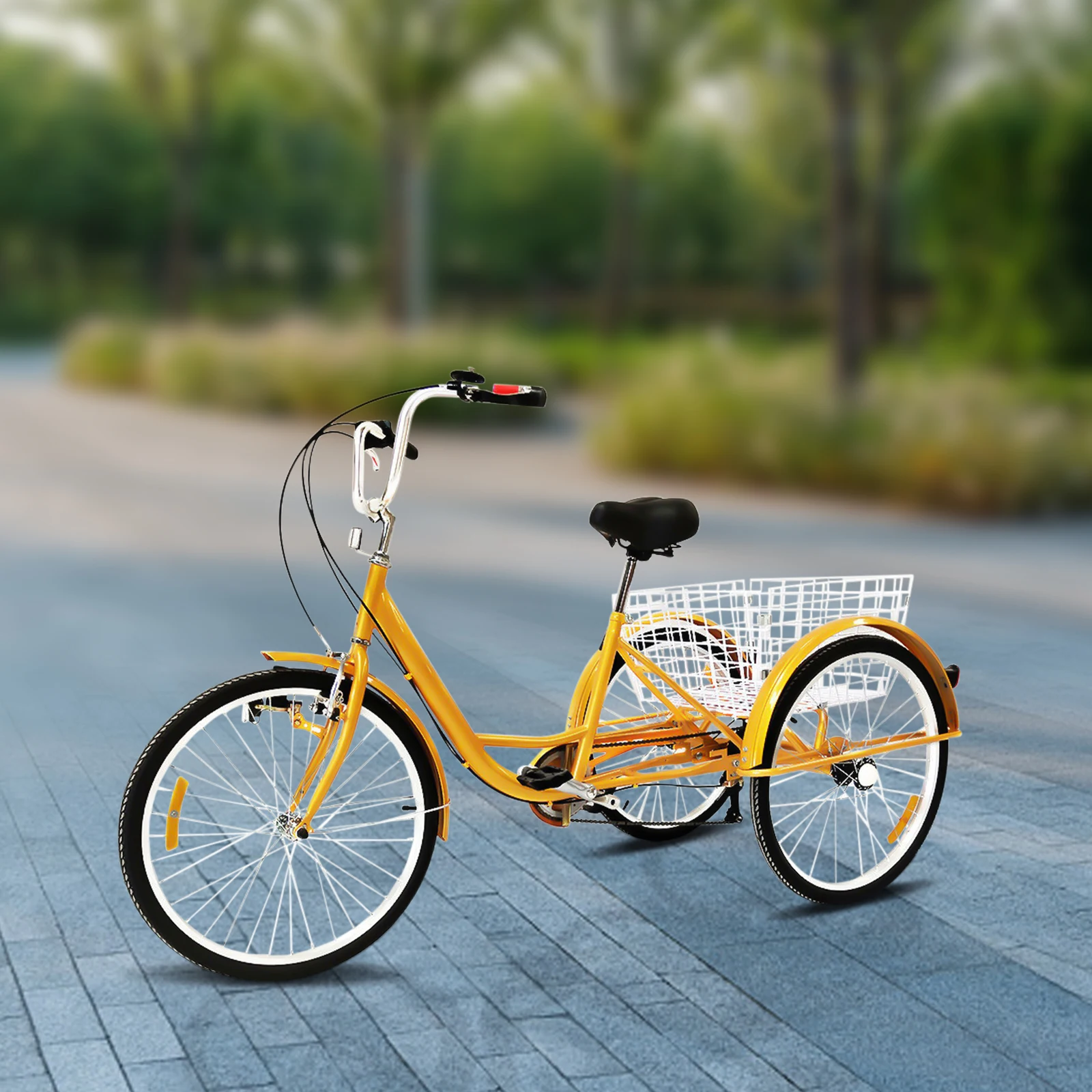 26 Inch Single-Speed Modern Tricycle Six Speed  Adjustable Three-Wheeled Bikes with Basket Shopping Tricycle with Yellow