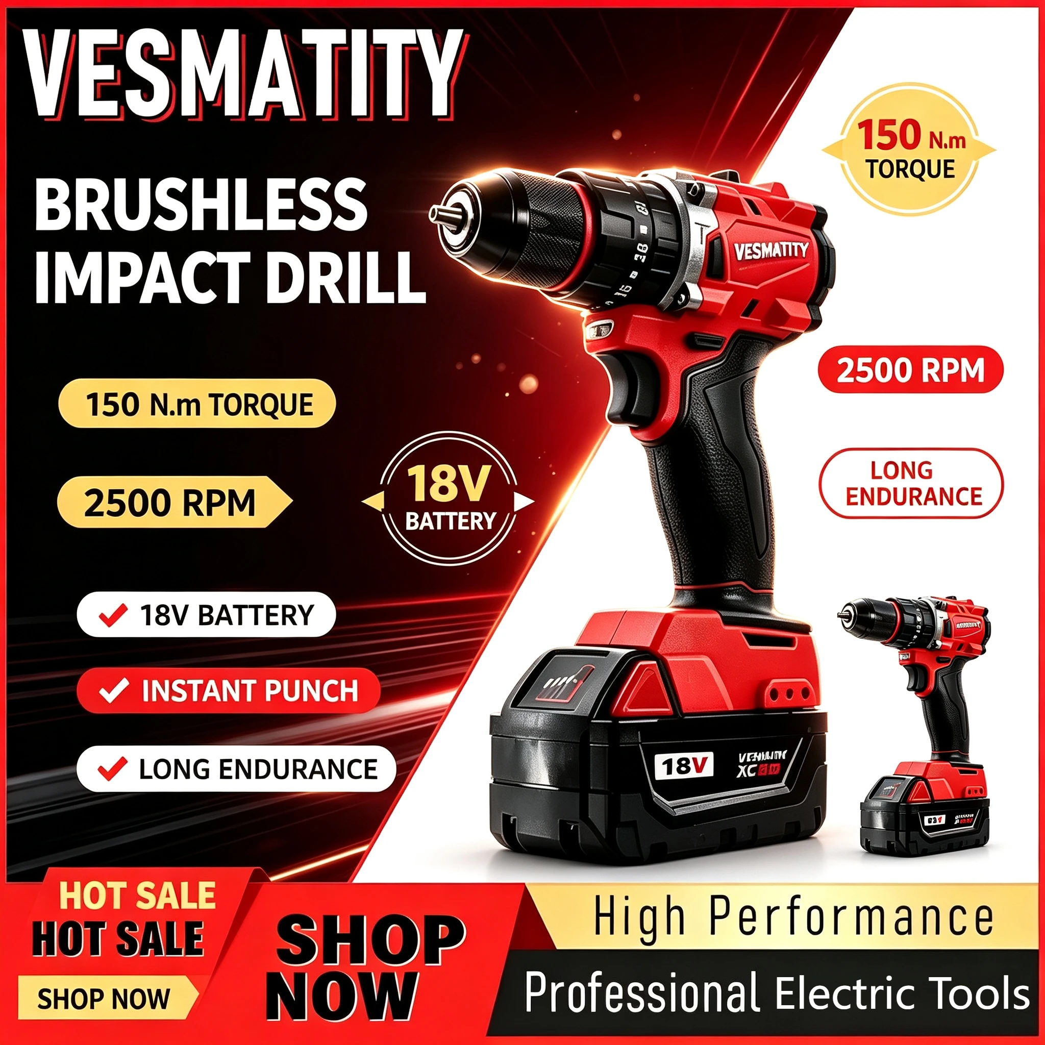 brushless impact drill 150N.m compact lightweight 20+3 clutch positions electric screwdriver drill hammer combo fits M18 battery