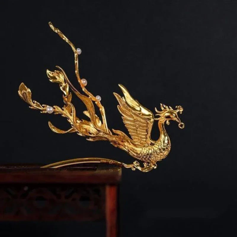 Original design Three-dimensional ancient gold craft Luxury Phoenix tiara Ethnic style hair jewelry Cheongsam tassel accessor