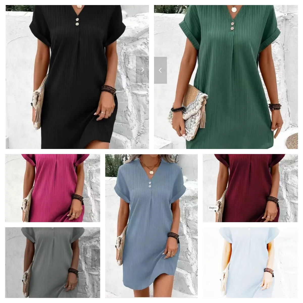 

New summer women's fashion temperament, casual commuting elegance, V-neck solid color pullover, casual button up dress