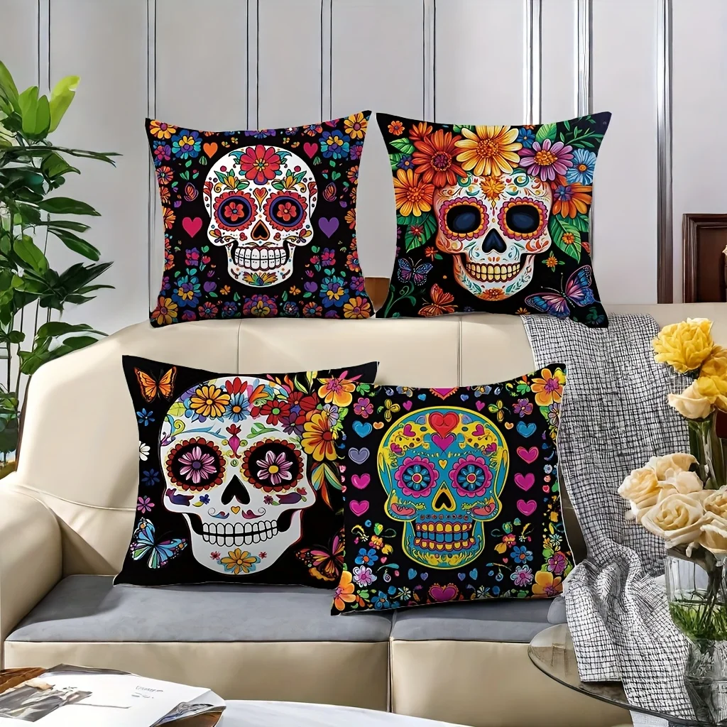 Juego  4 fundas  almohada estampadas, incluye diseños  calavera, flor, mariposa y otros. Ial para coración  habitaci