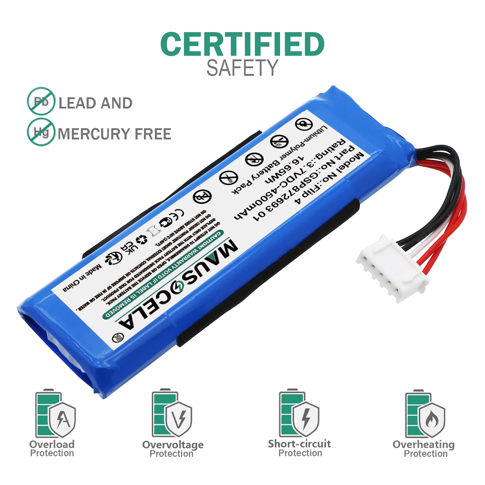 4500mAh Speaker Battery For JBL:Flip 4,Flip 4 Special Edition,GSP872693 01,GSP872693 03A,P763098 03A,+Toolkit--Li-Polymer--3.70V view 3