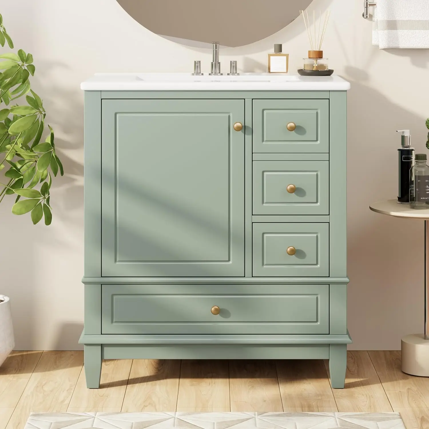 30-inch Bathroom Vanity with Sink Freestanding Cabinet 2-Tier Over-Door Storage 3 Drawers Light Green, Customized