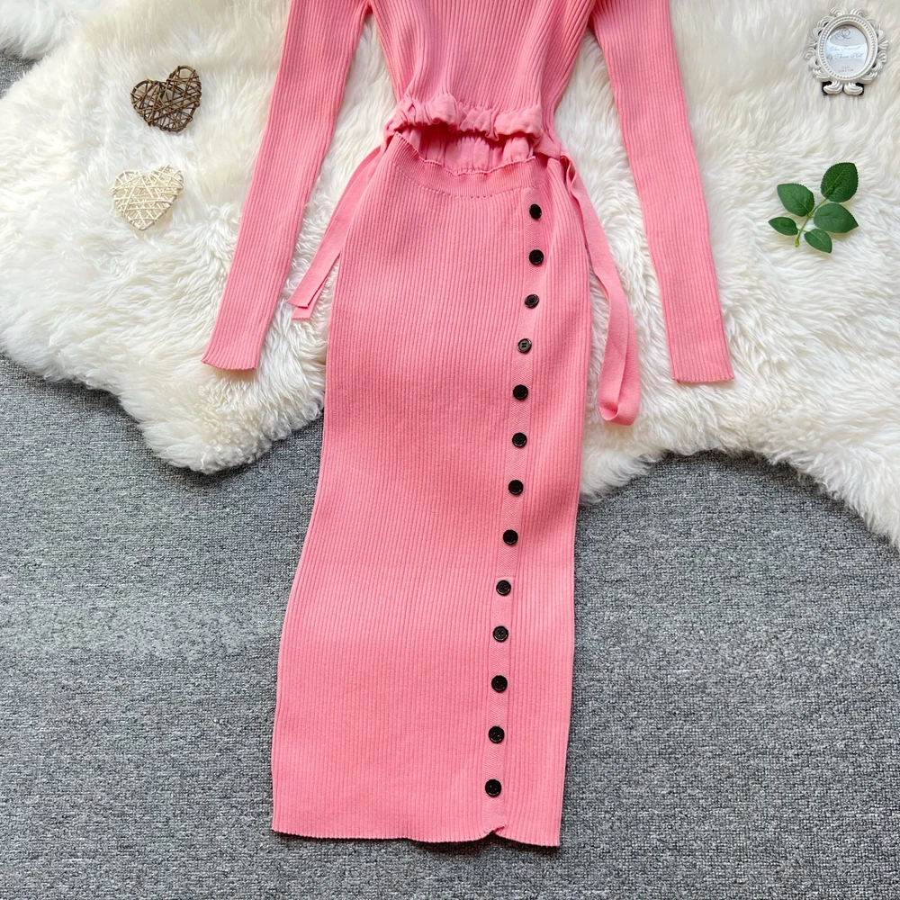 YuooMuoo – robe une pièce Chic, mode, ventre nu, boutons Y2K, Sexy, paquet de hanches, tricotée, robe de soirée pour dames, automne 2025