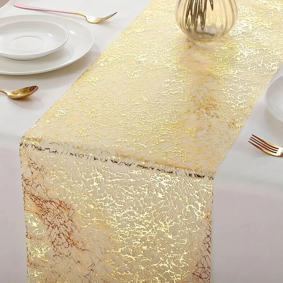 28x274cm Sparkle Metallic Gold Table Runner Sequin Glitter Foil Mesh Roll Tablecloth for Wedding Event Birthday Baby Shower Deco