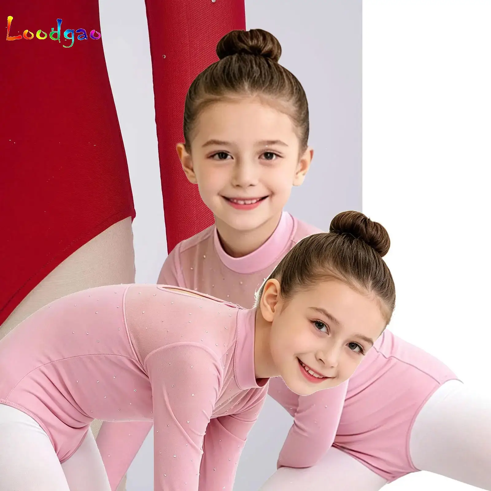 

Kids Girls Dance Leotard Shiny Rhinestone Mesh Patchwork Long Sleeve Ballet Gymnastics Leotards Girls Mock Neck Bodysuit Clothes