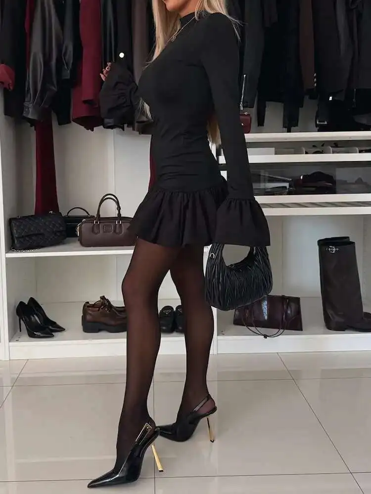 ليوبارد المرقعة عطلة بسيطة المرأة ربيع الخريف نصف الياقة العالية فستان قصير، كم طويل مضيئة أزياء السيدات اللباس