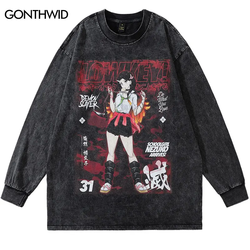 

Vintage T-Shirt Streetwear Hip Hop Japanese Anime School Girl Print Washed Long Sleeve Tshirt Harajuku Casual Punk Gothic Shirts