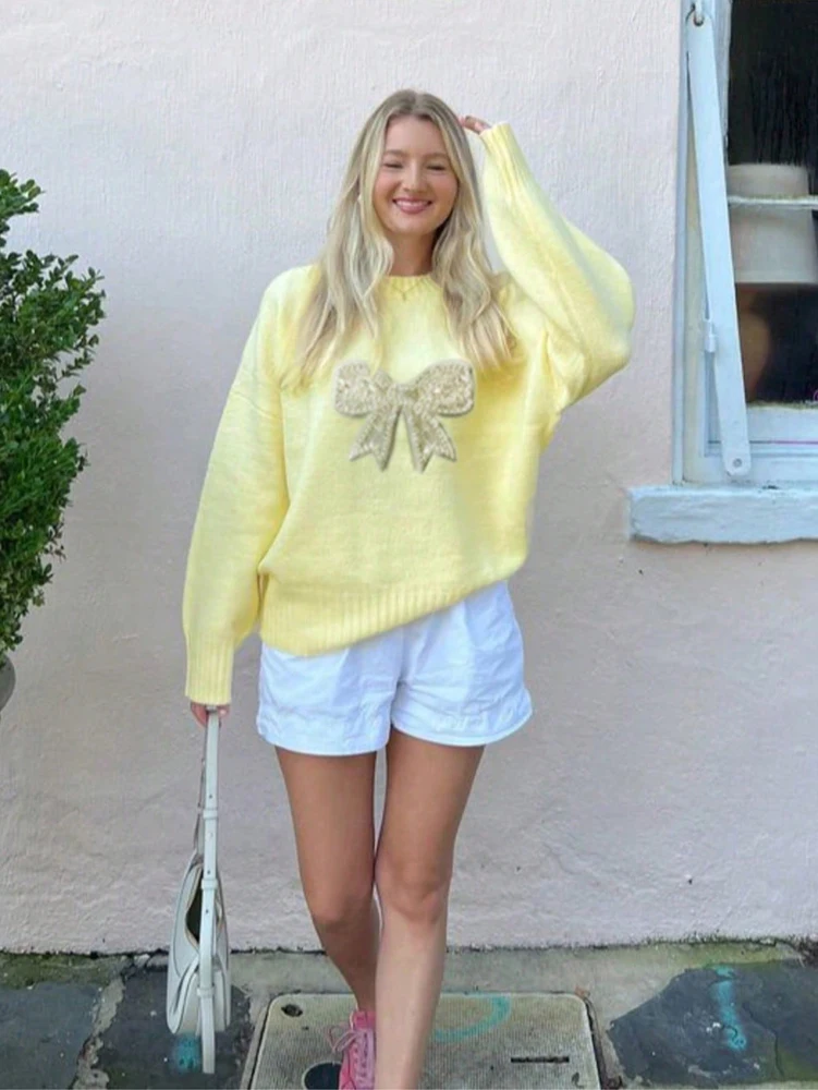 

Свободный элегантный свитер-пуловер для женщин, осень-зима, новинка, универсальный, с блестящим жемчужным бантом