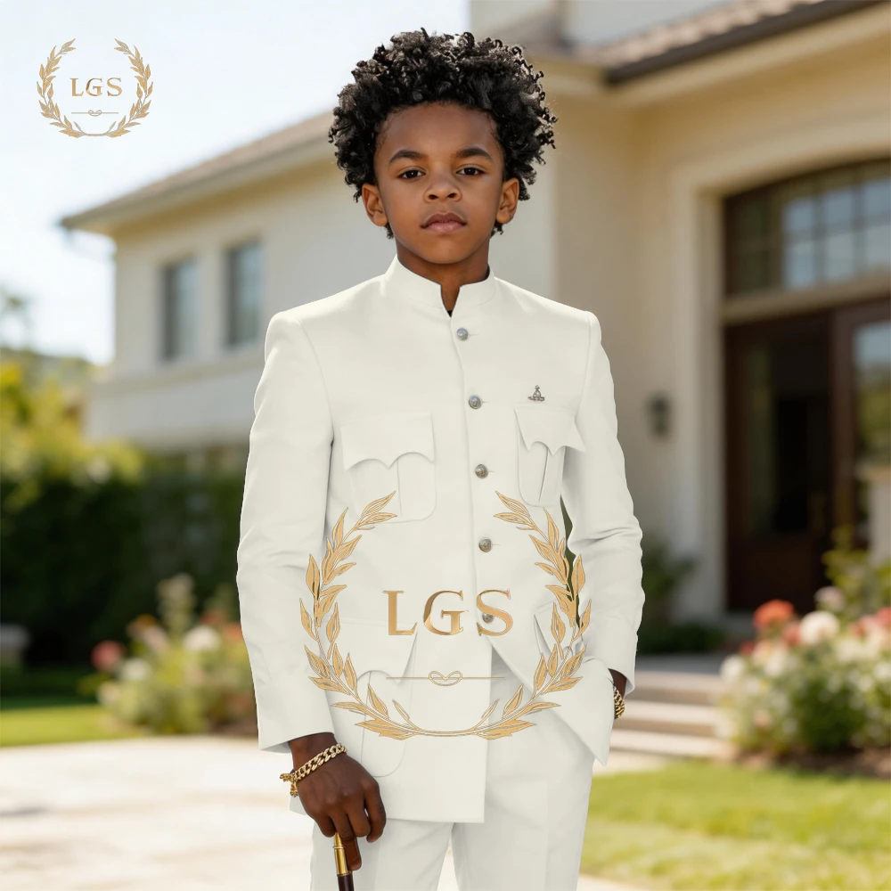 

Boys' Custom 2-Piece Suit – Stand Collar Decorative Pocket Blazer & Matching Trousers for Weddings & Celebrations