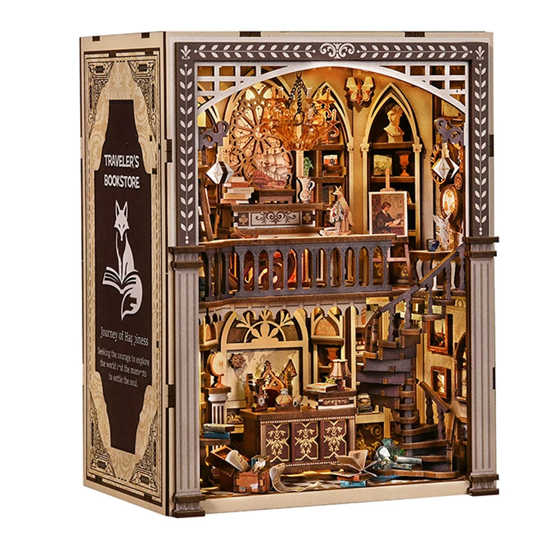 DIY Wooden Traveler's Bookstore Book Nook Figurines Miniatures Kits Bookend for Friends Birthday Gifts Home Decor Crafts