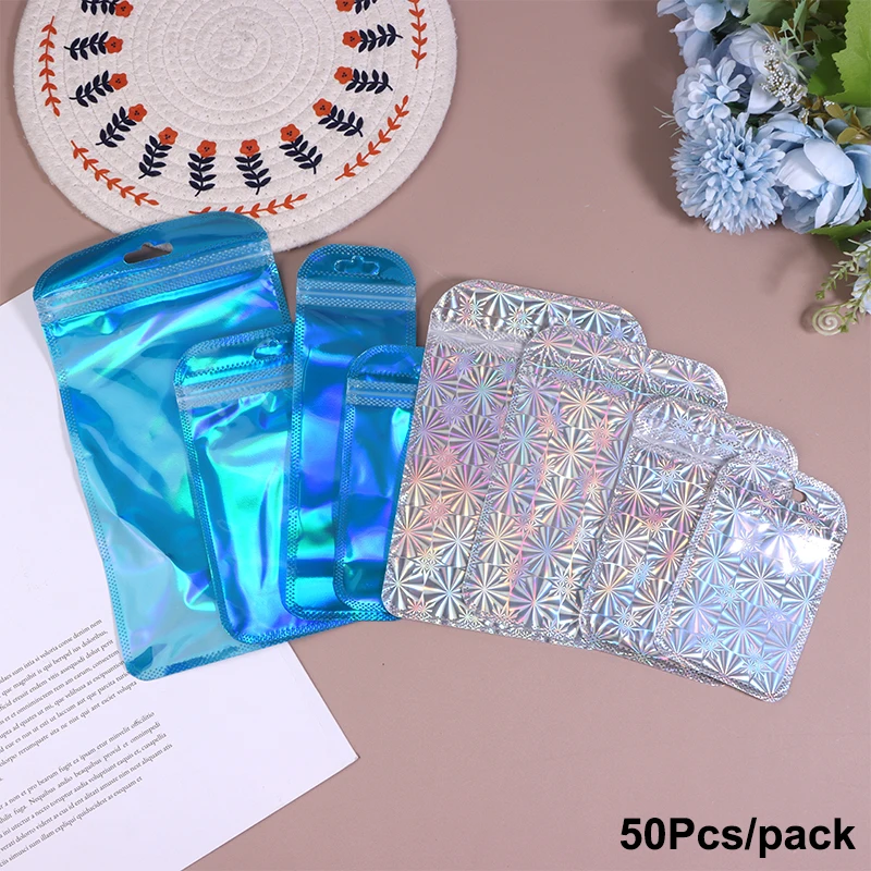 50Pcs Peacock Blue Ziplock Bag Laser Food Packaging Bag Plastic Seal Bags Resealable Earrings Necklace Jewelry Gift Storage Bags