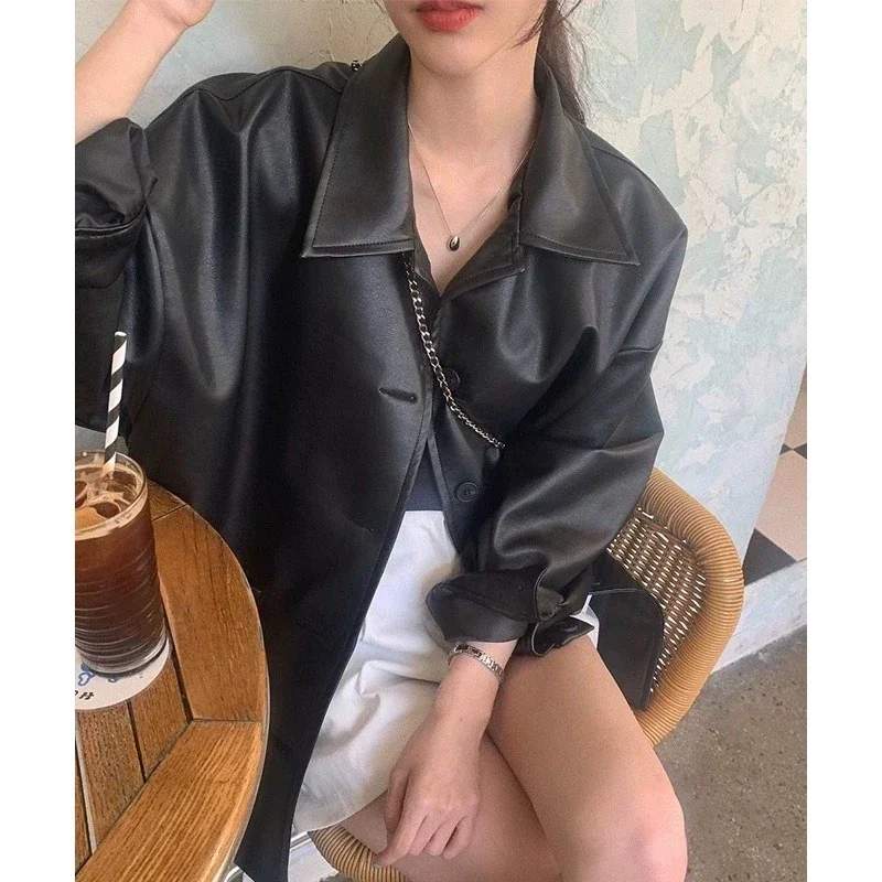 Autumn new loose fit leather jacket women's black faux leather coat turn-down collar single button style versatile outerwear