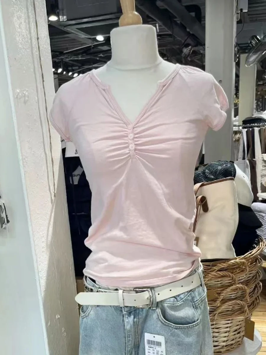 

Three Buttons Solid Folds T-shirt Women Cotton Slim V-neck Short Sleeve Basic T-shirts Summer Casual Simple Sweet Tee Shirts Y2k