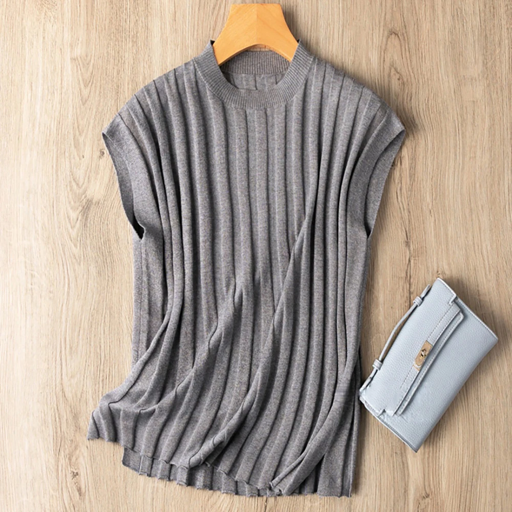 Women's Sleeveless Vest Knit Sweaters Pullover Tank Tops Ribbed Stretchy Crew Neck Mulberry Silk Blend