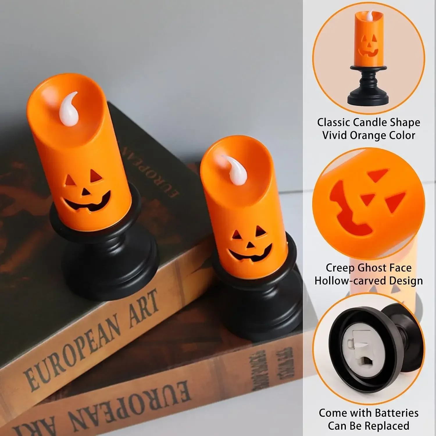 Candele di zucca senza fiamma LED Bagliore arancione Centrotavola da tavolo di Halloween Decorazione con sfarfallio spettrale Atmosfera stregata alimentata a batteria