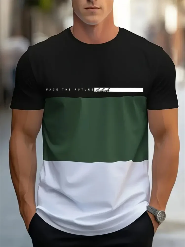 3D Color Block Face The Future Letter Print Men T-Shirt Casual Modern Streetwear Short Sleeve Crew Neck Tops