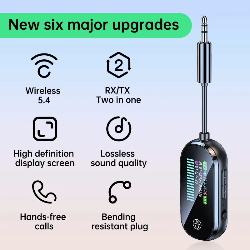 2in1 Bluetooth 5.4 デュアルトランスミッター デュアルレシーバー LCDスクリーン搭載 3.5MM AUXステレオ ワイヤレスオーディオアダプター PC 車 飛行機対応