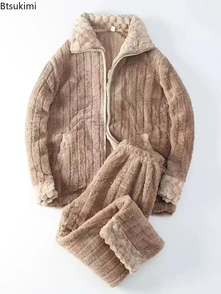 Men's Flannel Pajama Sets Cozy Keep Warm Single Zipper Lapel Sleepwear Autumn and Winter Thicked Coral Velvet Loungewear Male