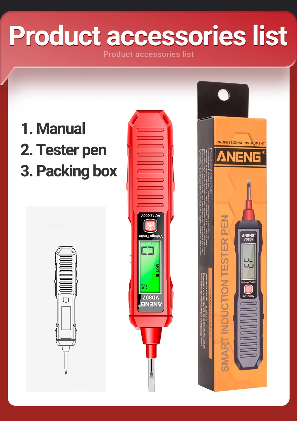 ANENG VD807 Ein-Wort-Induktion, tragbar, 50/60 Hz, intelligenter elektrischer Stifttester, NCV-Sensor, AC 12–300 V, berührungslose Drahtdetektor-Werkzeuge – Detail 18