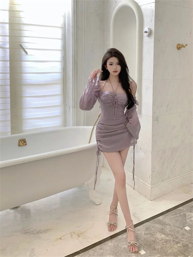 Sexy Halter Chiffon Dress Women 2024 Summer Lace Up Drawstring Bodycon Short Dress Fashion Long Sleeves Lilac Mini Party Dress