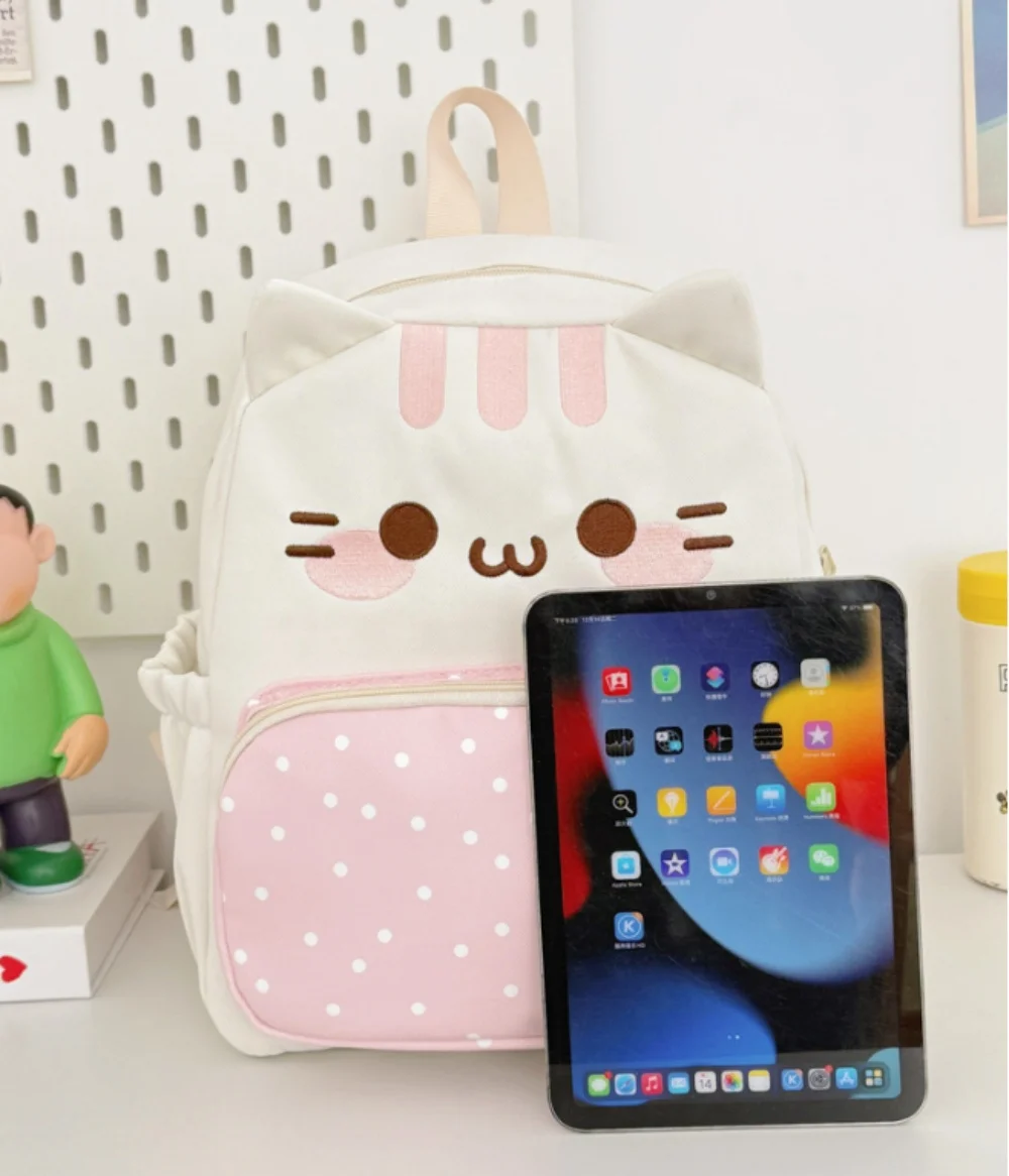Personalized Embroidery Children's Cartoon Cat Backpack, Cute Female Polka Dot Student Backpack, Large Capacity Backpack