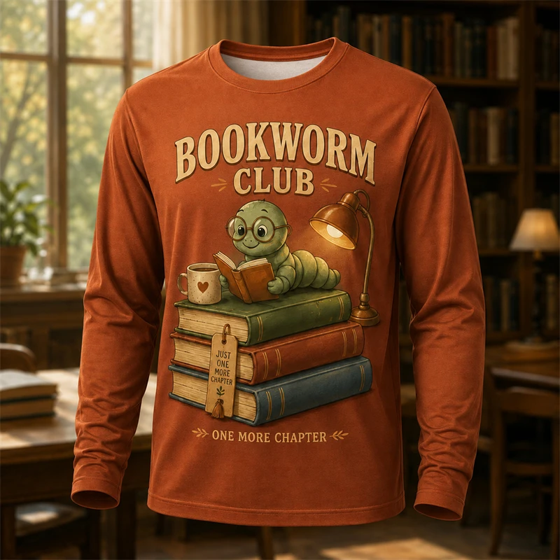 Men Long Sleeve T Shirt 3d Print Bookworm Club Cute Reading Worm Book Pattern Tee Kids Book Lover Back To School Tops Unisex
