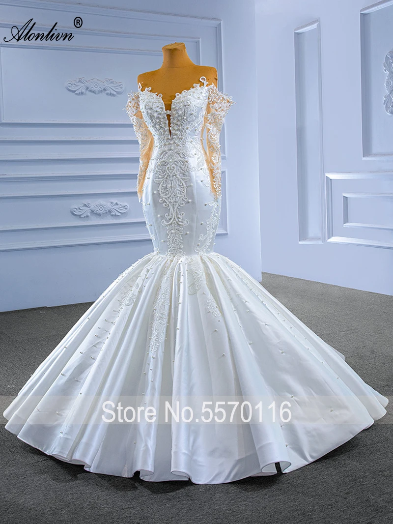 Alonlivn Real Photo ภาพลวงตาคอ Mermaid Wedding Dress ประดับด้วยลูกปัดไข่มุกเย็บปักถักร้อยลูกไม้แขนยาวทรัมเป็ตชุดเจ้าสาว